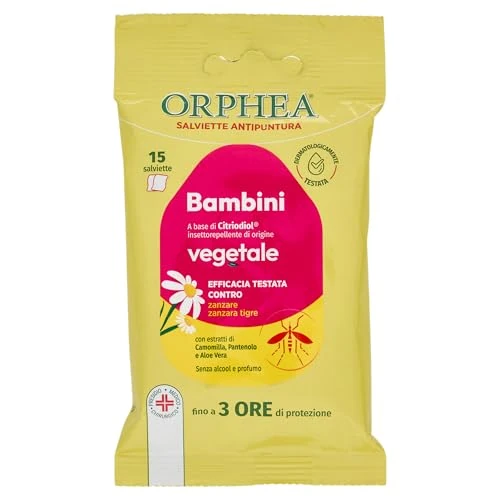 Offerta a tempo: Orphea Salviette Antipuntura Bambini, Protegge dalle Punture di Zanzare e Altri Insetti, Senza Ammoniaca e Alcool, con Estratti Naturali, 15 Salviette - 40% da 6.74 € a 4.07 €