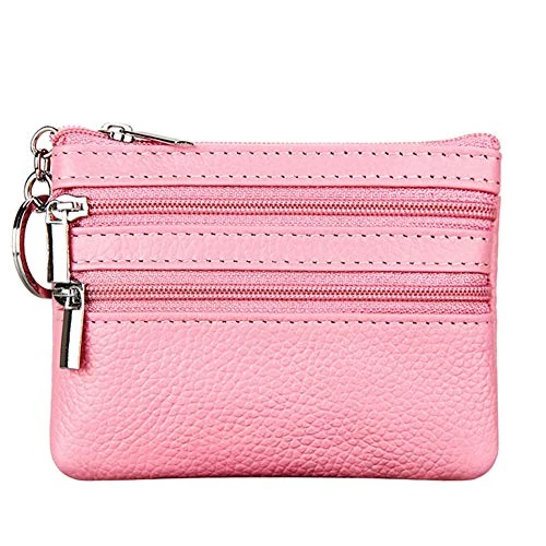 Portafoglio con Mini Custodia Portamonete da Donna in Vera Pelle con Portachiavi, rosa