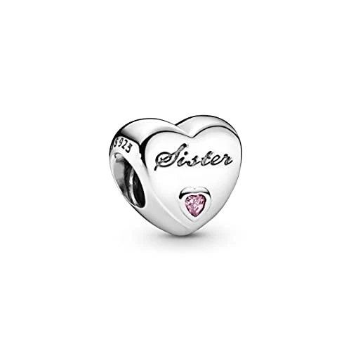Pandora Icons Charm Cœur avec inscription « Sister » (Sœur) en argent avec zircones cubiques roses