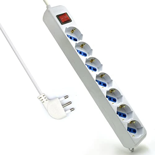 Offerta a tempo: Multipresa a 7 Posti, Ciabatta Elettrica con 7 Prese Italiane 10A/16A e Schuko (Tedesche) - Spina Italiana 16A - Potenza 250V/2500W - Cavo da 1,5 Metri, Prese Angolate a 45° - 35% da 16.08 € a 10.41 €