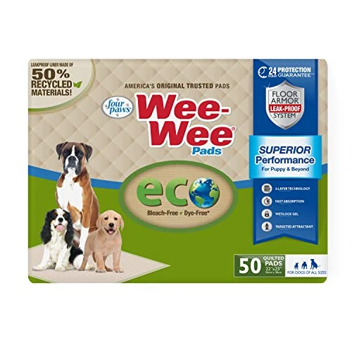 Offerta a tempo: Four Paws Wee-Wee - Cuscinetti ecologici per Cani e Cuccioli per addestramento Domestico, Tecnologia a 6 Strati a Prova di perdite, Senza candeggina, Senza coloranti, Grandi, 56 cm x 58 cm (50 Pezzi) - 0.00% da 9.56 € a 9.56 €