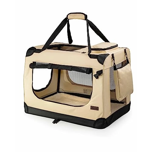 lionto Hundetransportbox faltbar für Reise & Auto, 82x58x58 cm, stabile Transportbox mit Tragegriffen & Decke für Katzen & Hunde bis 18 kg, robuste Hundebox aus Stoff für klein & groß, beige