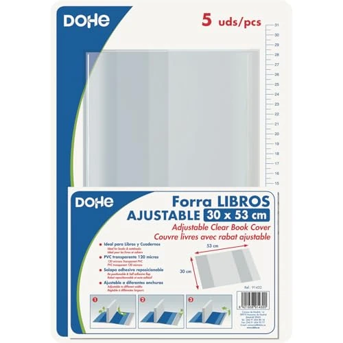Dohe - Forro de Libros (5 uds.) - Medidas 30x53 cm, Láminas Ajustables Reposicionables, Hechos de PVC Grueso 120 Micras, Protectores Transparentes