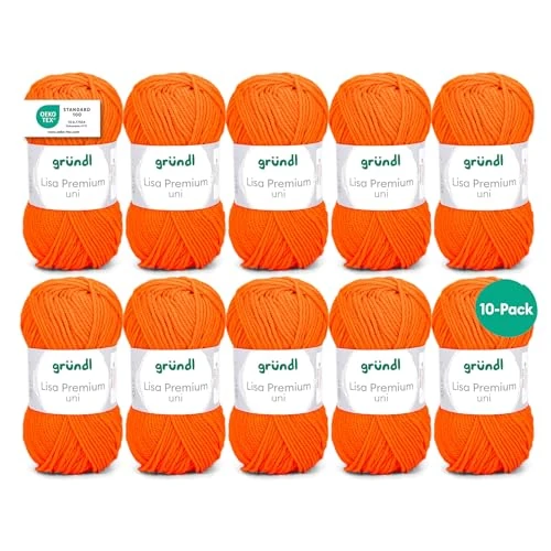 Gründl Laine Lisa Premium uni - Fil pour tricoter - Fil à tricoter - Fil à crocheter - Doux et agréable pour la peau - 100% polyacrylique 10 pelotes 50 g / 133 m - Taille d’aiguille 3,5-4,5 - Orange