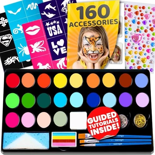 Offerta a tempo: Blue Squid Set trucco ideale per bambini, 22 colori, 160 pezzi, stencil, gemme, gessetti per capelli, pennelli, glitter, spugne, opuscolo, set professionale per il trucco per bambini, colori del viso - 0.00% da 19.99 € a 19.99 €
