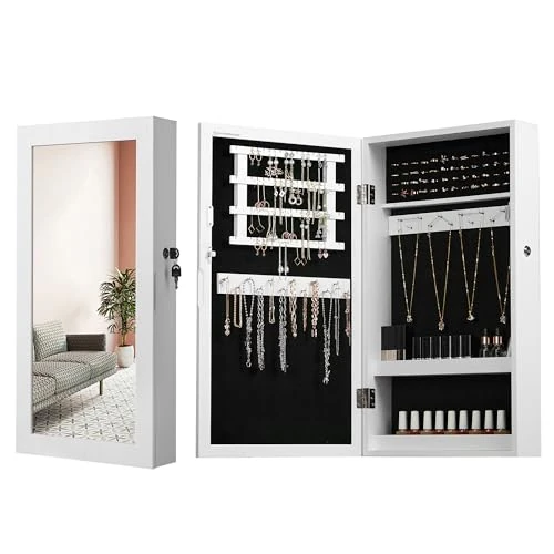 Offerta a tempo: SONGMICS Armadietto Portagioie da Parete, Specchiera Portagioielli con Serratura, Organizzatore per Gioielli con Specchio, Salvaspazio, Esterno Bianco, Interno Nero JBC51W - 15% da 39.99 € a 33.99 €