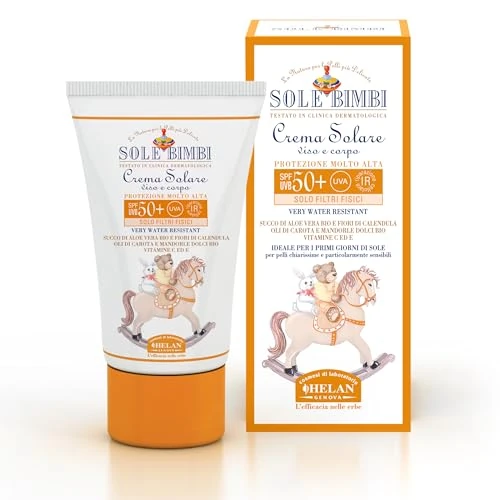Helan, Sole Bimbi, Crème Solaire SPF 50+ Enfants et Bébés, Creme Solaire Bebe et Enfant Corps et Visage, Hydratante et Protectrice avec Calendula, Amandes Douces et Vitamine E, 50 ml - Made in Italy
