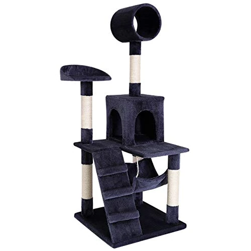 lionto Arbre à Chat avec hamac et Tunnel, Hauteur 133 cm, Arbre avec Corde en sisal et Peluche Douce, Surfaces de Repos et niches Confortables, pour Petits et Grands Chats, Gris foncé