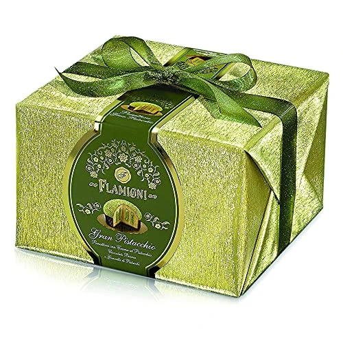 FLAMIGNI, Artisan Panettone Große Pistazie gefüllt mit Pistaziencreme, Glasiert mit weißer Schokolade und Knusprigen Pistazienkörnern, Besondere Weihnachtsgeschenkbox, 950 gr