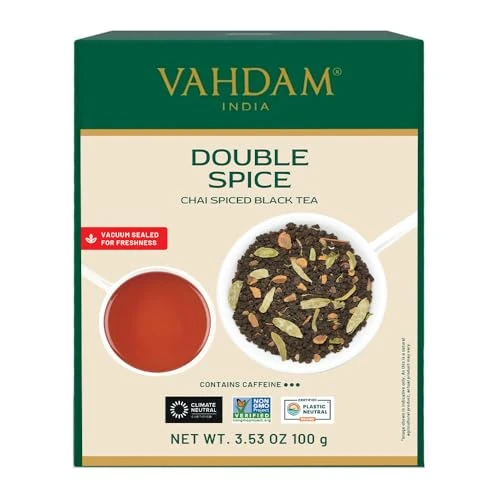Offerta a tempo: VAHDAM, Tè Chai Double Spice (50 Tazze, 100g) Miscela Forte, Robusta e Speziata con Tè Nero, Cardamomo, Cannella, Chiodi di Garofano e Pepe Nero | Sottovuoto - 26% da 14.99 € a 11.11 €