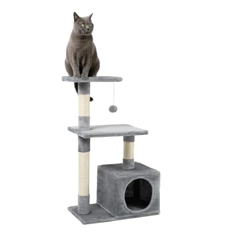 Limited-time offer: lionto Scratching tree for cats with cave and plush ball incl. bell, height 85 cm, cat tree with sisal & plush, cozy lying areas & cave, suitable for small & large cats, light grey from 29.95 GBP to 29.95 GBP (save 0%)