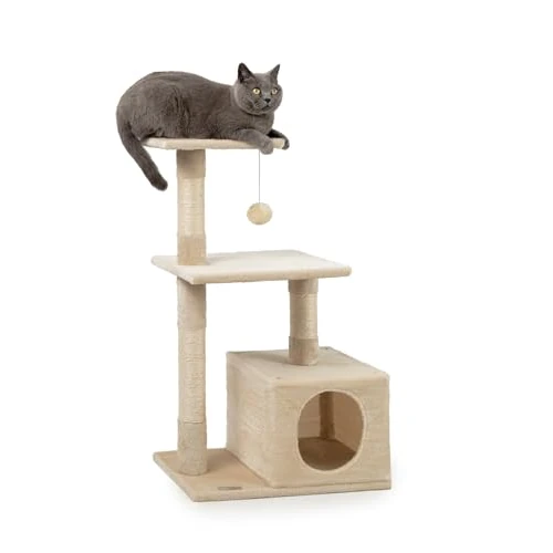 Limited-time offer: lionto Scratching tree for cats with cave and plush ball incl. bell, height 85 cm, cat tree with sisal & plush, cozy lying areas & cave, suitable for small & large cats, beige from 29.95 £ to 29.95 £ (save 0.00%)
