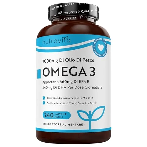 Nutravita Omega 3 2000mg, con 660mg EPA y 440mg DHA, 240 Cápsulas Blandas para 4 Meses - Corazòn, Función Cerebral y Visiòn (EFSA) Omega 3 Capsulas Suplementos para Hombres y Mujeres