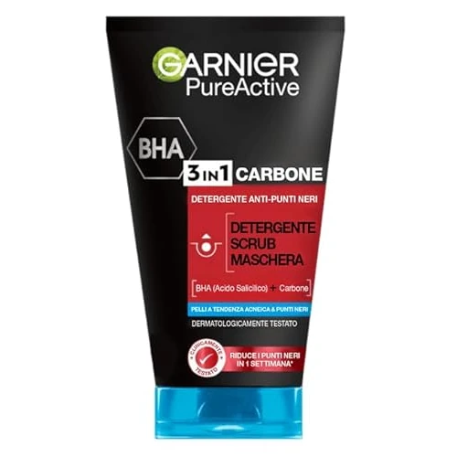 Offerta a tempo: Garnier Maschera Punti Neri, Detergente e Scrub Viso Pure Active Intense 3in1 con Carbone Vegetale, 150 ml - 33% da 7.44 € a 4.99 €