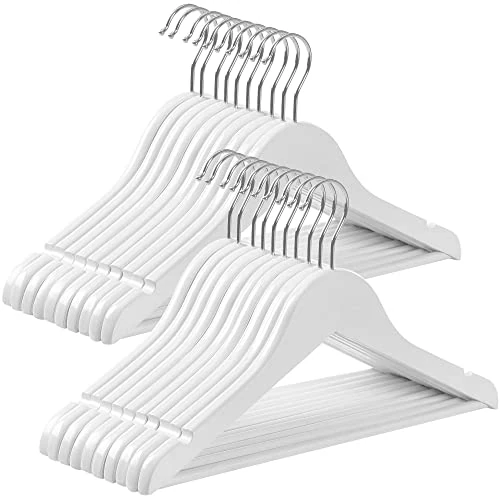 Limited-time offer: SONGMICS Wood Children's Hangers, Pack of 20 Kid's Clothes Hangers, with Trousers Bar, Shoulder Notches, 360° Swivel Hook, 35 cm Long, White and Silver CRW06W-20 from 9.61 £ to 8.34 £ (save 13%)