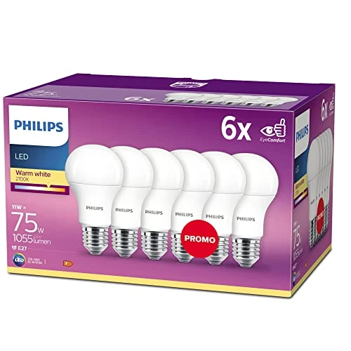 Philip LED-lamp 6-pack - Warmwit licht - E27 - 75 W - Mat - Energiezuinige LED-verlichting - Levensduur tot 15 jaar