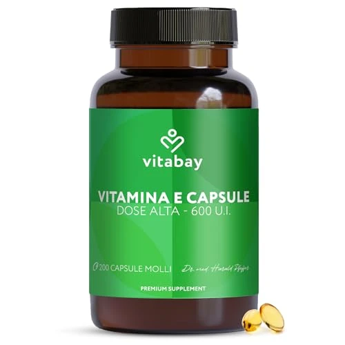 Vitabay Vitamin E 600 IU (400 mg) - 200 Vegan & High-dose Softgels - Time-Release Vitamin E Supplement - with Tocopherol from Soybean Oil (80%) and Tocotrienol - Laboratory Tested
