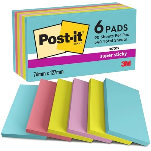 Offerta a tempo: Post-it Foglietti Super Sticky, Collezione Cosmic, Confezione da 6 blocchetti, 90 Fogli/blocco, 76 mm x 127 mm, Colori Turchese, Verde, Rosa - Foglietti Extra Adesivi per Appunti, Elenchi & Promemoria - 49% da 22.99 € a 11.69 €