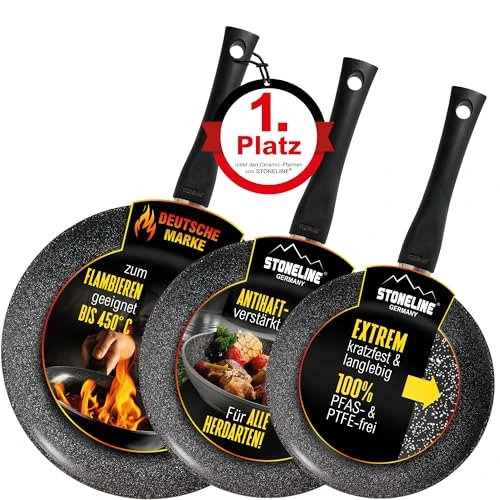 Oferta ograniczona: STONELINE Ceramic 3-częściowy zestaw patelni, patelnia 20/24/28 cm, z powłoką nieprzywierającą z prawdziwymi cząstkami kamienia, do kuchenek indukcyjnych i do piekarnika, czarna z 79.95 EUR na 64.76 EUR (znizka 19%)
