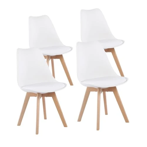 EGGREE Set of 4 Tulip Dining/Office Chair with Solid Wood Beech Legs, (TM) Armless Padded Design Chairs White