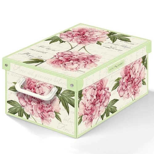 Lavatelli Scatola Floreale in cartone con coperchio, per armadio, organizer per vestiti e biancheria, per cambio stagione o per confezione regalo, Piccola, Peonie 25x35x17,5 cm