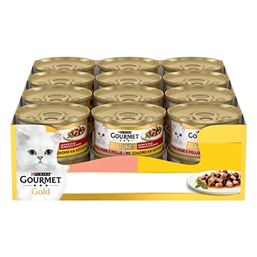 Gourmet Purina Gold natvoer kat kubus in saus met zalm en kip - 24 blikjes à 85 g (verpakking van 24 x 85 g)