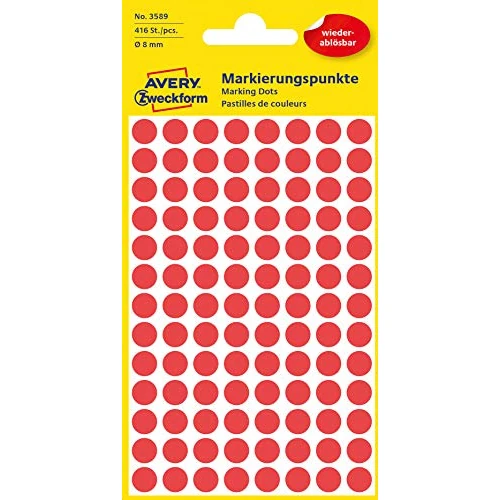 Zeitlich begrenztes Angebot: AVERY Zweckform 3589 selbstklebende Markierungspunkte (Ø 8 mm, 416 ablösbare Klebepunkte auf 4 Bogen, runde Aufkleber für Kalender, Planer und zum Basteln, Papier, matt) rot von 2.96 € auf 2.73 € (8% Rabatt)