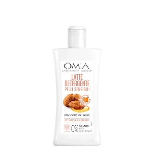 Omia, Latte Detergente Viso Eco Bio Mandorla e Malva, Struccante Fisiologico Viso e Occhi, per Pelli Normali, Secche e Sensibili, Effetto Idratante e Nutriente, Dermatologicamente Testato - 200 ml