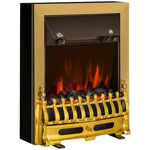 Homcom - Cheminée électrique encastrable ou de sol, Puissance 1000 W / 2000 W, en plastique et métal, 48 × 19 × 59 cm, Couleur or.