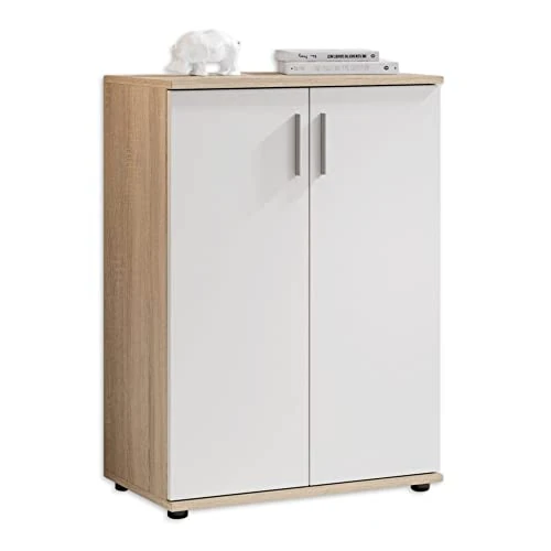 Stella Trading Bobby Aparador con acabado en roble Sonoma y blanco, moderno, con mucho espacio de almacenamiento para tu salón, 60 x 82 x 35 cm (ancho x alto x fondo)