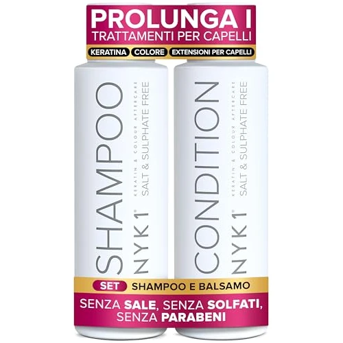 Offerta a tempo: NYK1 Set Di Shampoo Senza Solfati E Balsamo (500ml x 2) Set Di Shampoo Senza Sale Post Cheratina E Balsamo Per Extension E Capelli Colorati - Detersione Delicata E Previene La Rottura Dei Capelli - 15% da 39.95 € a 33.94 €