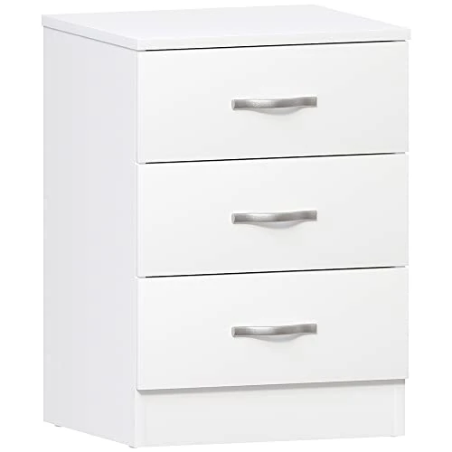 Vida Designs Large White Bedside Cabinet Chest of Drawers, 3 Drawer With Metal Handles and Runners, Unique Anti-Bowing Drawer Support, Riano Bedroom Furniture