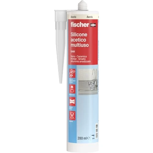 Offerta a tempo: Fischer Silicone Acetico Multiuso Avorio SAM 280 ml, Sigillante Antimuffa per Vetro, Alluminio, Smalto, Ceramica, Adatto per Bagno e Cucina, 9355 - 46% da 7.90 € a 4.28 €