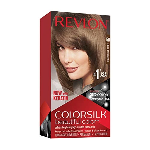 Offerta a tempo: Revlon ColorSilk Colorazione Permanente Capelli Fai-da-te a Casa, Senza Ammoniaca e Arricchita con Cheratina, 50, Castano Cenere Chiaro - 32% da 4.40 € a 2.99 €