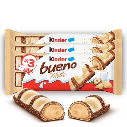 Kinder Bueno White - 6 Snack al Cioccolato Bianco e Nocciola, un Wafer Ripieno di Crema alle Nocciole Ricoperto da Cioccolato Bianco e Granella Meringata al Cacao, 3 Confezioni