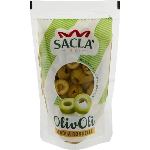 Saclà, OlivOlì, Olive Verdi a Rondelle, Ideali per Insalate e per Arricchire i Tuoi Piatti, Busta, 185g (85g sgocciolato), Confezione da 24 pezzi