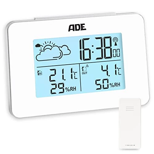 ADE Estación meteorológica digital radiocontrolada con sensor exterior | temperatura interior y exterior | medidor de humedad | previsión meteorológica animada | despertador | blanco