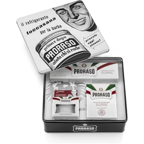 Offerta a tempo: Proraso Set Vintage Selection Pelli Sensibili, Set regalo uomo con Crema Pre Barba 100 ml, Sapone Barba 150 ml e Balsamo Dopobarba 100 ml, Cofanetto regalo uomo, Set regalo natale Made in Italy - 45% da 34.06 € a 18.90 €