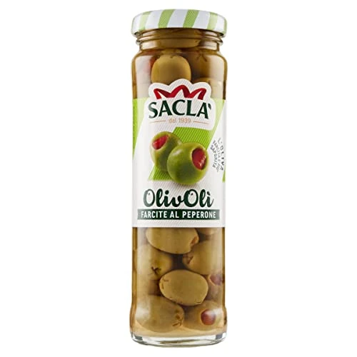 Saclà, OlivOlì, Olive Verdi Farcite al Peperone, Ideali per Aperitivo e Insalate, Vaso Vetro, 140g (80g sgocciolato), Confezione da 15 pezzi