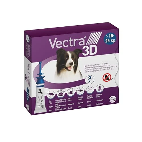 VECTRA Pesticide 3D pour chien - 3 pipettes anti-puces, tiques et moustiques pour chien 10/25 kg - Protège contre les puces, tiques, phlébotomes et mouches