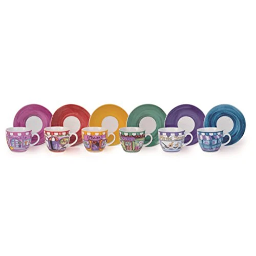 Offerta a tempo: Excelsa Tazze & Co. 6 Tazze Caffè Con Piattino Shops, Porcellana, Multicolore, 6.3 X 6.3 X 5.4 Cm - 53% da 39.95 € a 18.90 €
