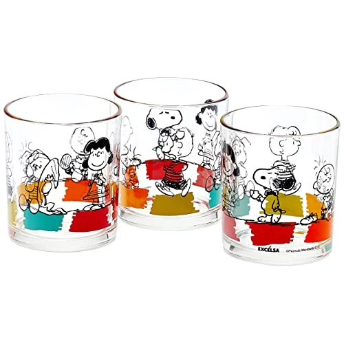 Excelsa Peanuts - Juego de 3 Vasos de 25 cl, de Cristal Transparente, 8 x 8 x 9 cm