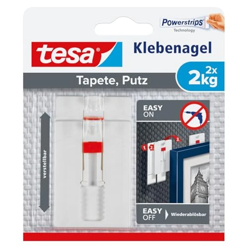 Offerta a tempo: Tesa Chiodo Adesivo Regolabile per Carta da Parati Ed Intonaco 2 kg - Gancio Adesivo Regolabile in Altezza fino a 2 kg - Confezione da 2 Ganci + 6 Strisce Adesive - 0.00% da 6.99 € a 6.99 €