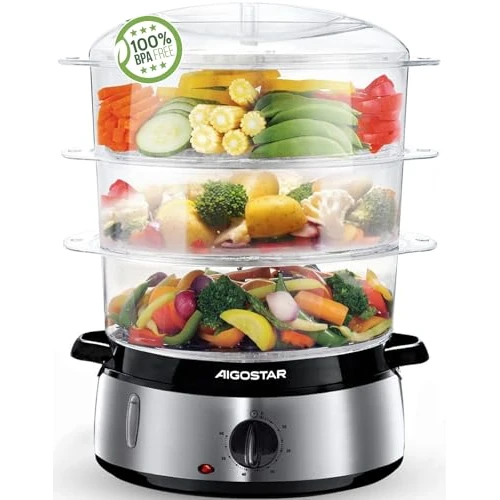 Aigostar Cuiseur vapeur électrique 0% BPA. Puissance de 800W, minuterie, 3 niveaux indépendants de cuisson et base en acier inoxydable. Cuisine saine. Design exclusif.
