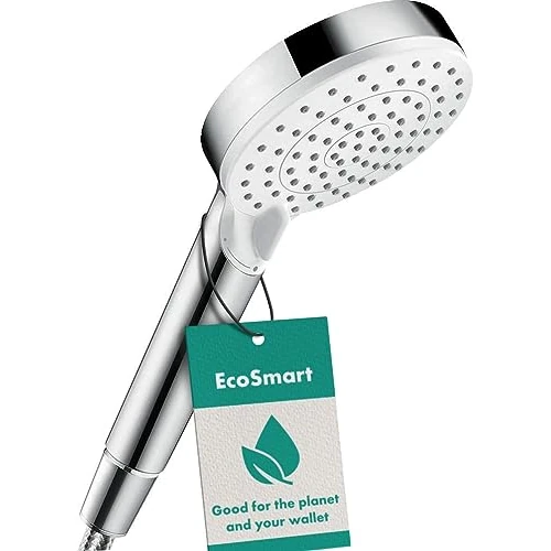 hansgrohe Crometta - wassersparender Duschkopf 6,7 l/min (EcoSmart), Handbrause mit 2 Strahlarten, runde Duschbrause (100 mm), Sparduschkopf mit Antikalk-Funktion, Weiß/Chrom, 26332400