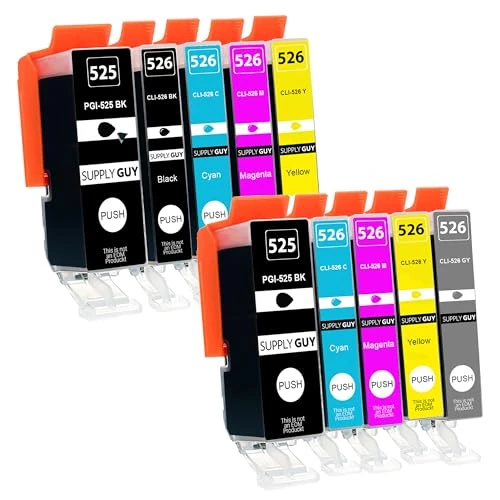 Supply Guy 10 Ink Cartridges compatible with Canon PGI-525 CLI-526 (incl. Grey) with Chip and Level Indicator for Pixma MG6100 MG6150 MG6200 MG6250 MG8100 MG8150 MG8200 MG8240 MG8250