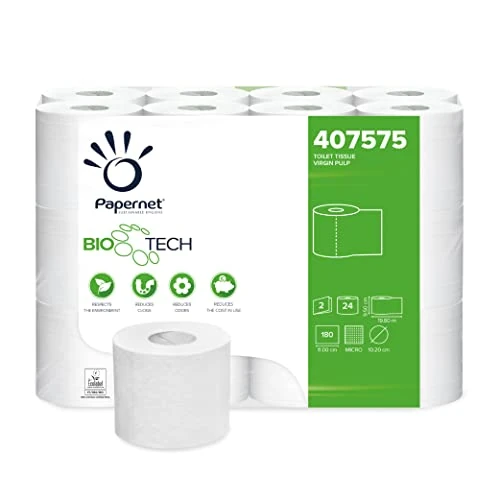 Papernet Bio Tech - Papier Hygiénique (407575), 24 Rouleaux en Cellulose Pure et Longueur de 19,8 m, 2 épaisseurs, 180 Feuilles 9,5 x 11cm par Rouleau