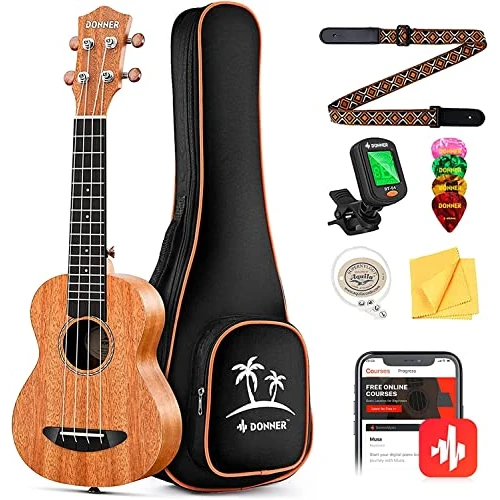 Limitiertes Angebot: Donner Sopran-Ukulele, Mahagoni, 21 Zoll, Ukulele-Anfängerset, Online-Unterricht, Gigbag, Gurt, Nylonsaiten, Stimmgerät, Plektren, Stoff, DUS-1 Ukalalee-Set von 49.99 EUR auf 49.99 EUR (Spare 0%)