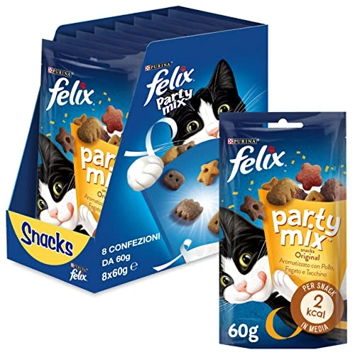 FELIX Party Mix Snack per Gatti Adulti - Croccantini con Pollo, Fegato e Tacchino, 8 Confezioni da 60 g, Forme Divertenti e Aromi Sfiziosi