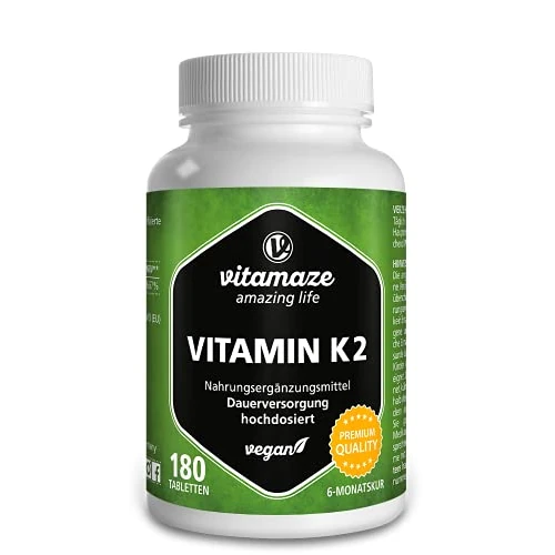 Vitamaze® Vitamina K2 MK-7 200 mcg Altamente Dosificada, Menaquinona, 180 Comprimidos per 6 Meses, Calidad Alemana, Suplementos Alimenticio sin Aditivos Innecesarios
